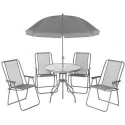 Zestaw mebli ogrodowych okrągły stół 4 krzesła i parasol ciemny szary