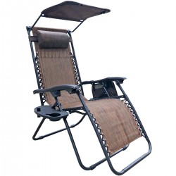 Fotel leżak ogrodowy składany z daszkiem i zagłówkiem brązowy